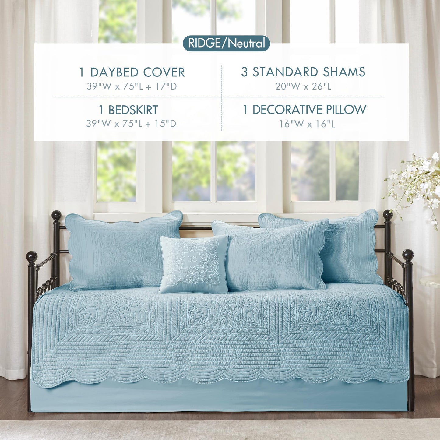 Madison Park Daybed Cover Set Damask Quilted Cover for Daybeds, All Season, Pre-Washed Cotton-Filled Coastal Bedding with Scallop Edge, Shams, Bedskirt, Décor Pillows, Tuscany, 39"x75", Blue 6 Piece