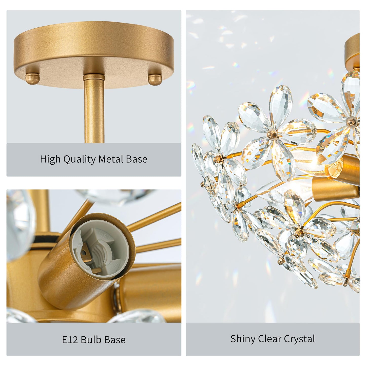 LOHOZOM Bedroom Flower Ceiling Light, Brass Gold Flush Mount Chandelier,17.7inch 6-Light Modern Crystal Closet Ceiling Light Fixture for Kitchen Girl Room Hallway Entryway Foyer