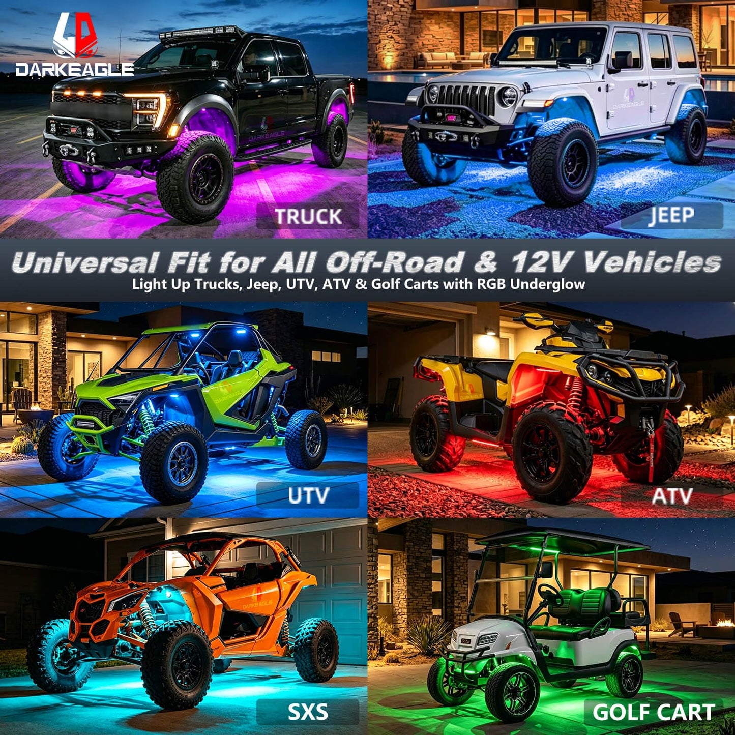 LD DARKEAGLE 8Pods RGB LED Rock Lights for Jeep Trucks Golf Cart ATV UTV RZR SUV Offroad, Multicolor Underglow Light Kit with APP/RF Remote Dual Zone Neon Vehicle Accent Underbody Light 12V Waterproof