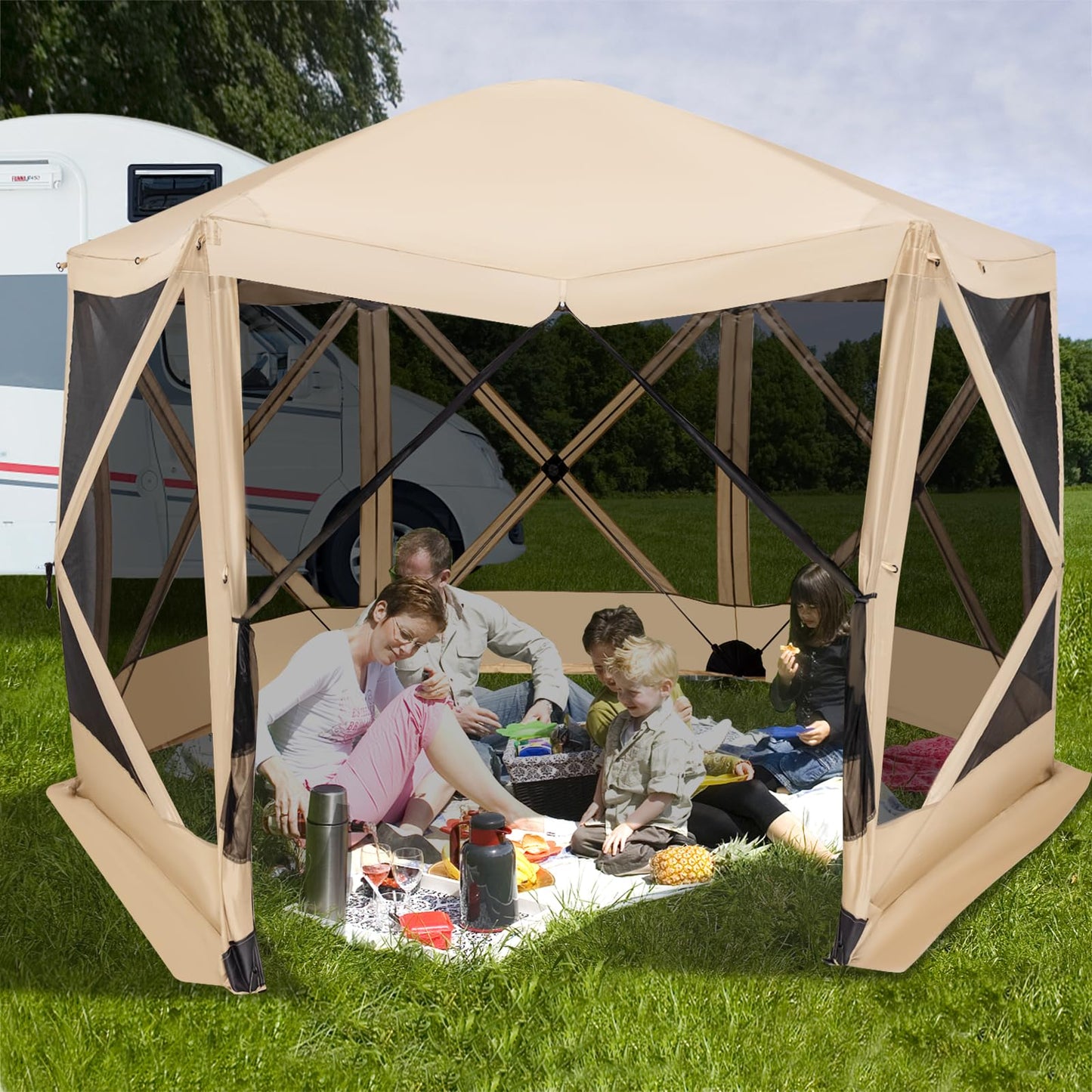 Tangkula 11.5x11.5 Ft Pop Up Gazebo with Netting, Portable Screen Tent with 6 Sided Mesh Walls, 2 Sunshade Cloths, Outdoor Instant Canopy Shelter with Carry Bag for Camping, Lawn, Backyard