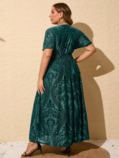 Simplee Womens V Neck Plus Size Velvet Dress Holiday Winter Christmas Party Long Formal Dress for Wedding Guest (2XL Dark Green)