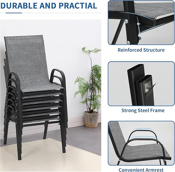 PIZZELLO Patio Chairs Set of 6 - Outdoor Stackable Dining Chairs for All Weather - Lightweight Textilene Outdoor Chair Sets with Armrests - 330Lbs Capacity - for Backyard Garden Porch Poolside (Grey)