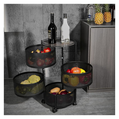 HOYRR Rotating Storage Rack for Kitchen, 4 Tier Fruit and Vegetable Storage for Kitchen Rotating Storages Rack with Wheels, Cart Space Saver Potatoes Fruit Basket, Black