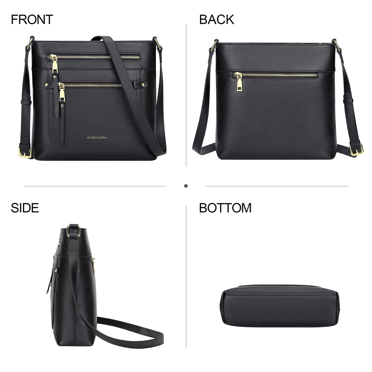 Over Earth Leather Crossbody Bags for Women Medium Shoulder Purse Multi Pocket Shoulder Handbag with Adjustable Strap(O199E Black RP)