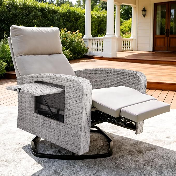 Outdoor Recliner Chair Set of 2, Wicker Patio Recliners with Adjustable Backrest and Extended Foot Rest, Reclining Patio Chairs with Flip Table & Removable Cushion Cover for Porch