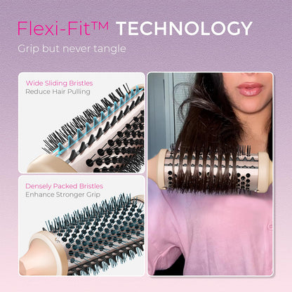 TYMO 2.0 Thermal Brush Curling Brush - STYLUX 1.7" Blowout Volumizer with Flexi-Fit for Hair Straightening, Heated Round Styler Tool, Hair Straightener and Curler 2 in 1, Dual Voltage & Light, Pink
