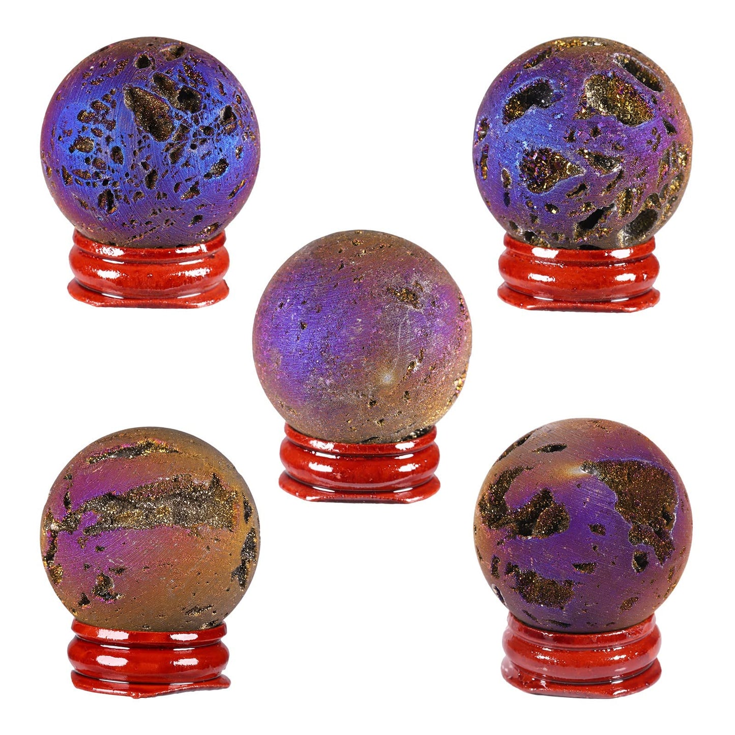 Cheungshing Angel Aura Quartz Druzy Geode Sphere with Wooden Base,Titanium Coated Crystal Quartz Agate Ball Healing Sculpture Statue for Easter Day, Gold-Purple
