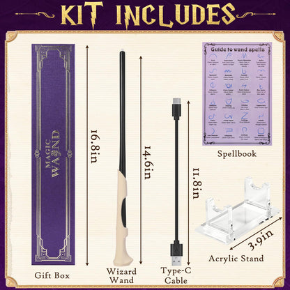 EnrichFun Light Up Wizard Magic Wand with 5 Static Color Lights Rechargeable LED Resin Witch Wands for Kids Cosplay Collection, with Acrylic Stand, (Bone)