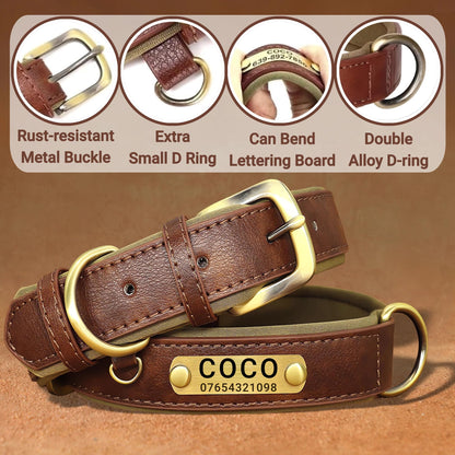 SEOUGEE Genuine Leather Dog Collar Personalised, Soft Padded Leather Dog Collars Heavy Duty with Custom Engraved Name Plate Adjustable for Small Medium Large Dogs (M, Brown 28-37cm)