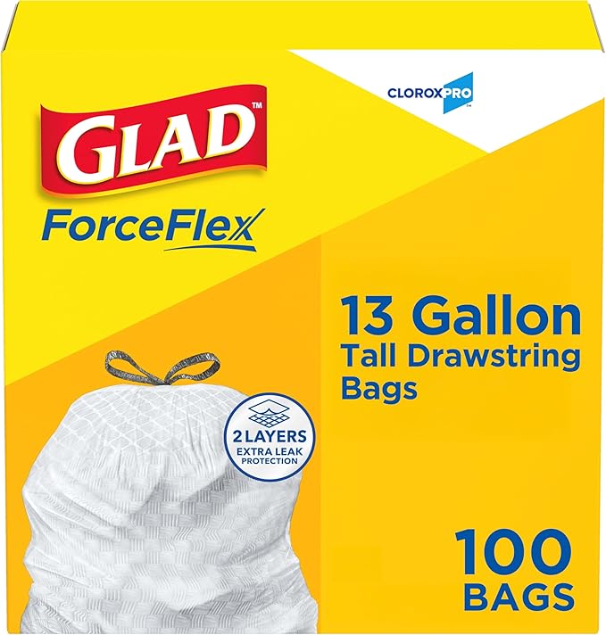 CloroxPro Glad ForceFlex Tall Drawstring Trash Bags, 13 Gal, 100 Ct