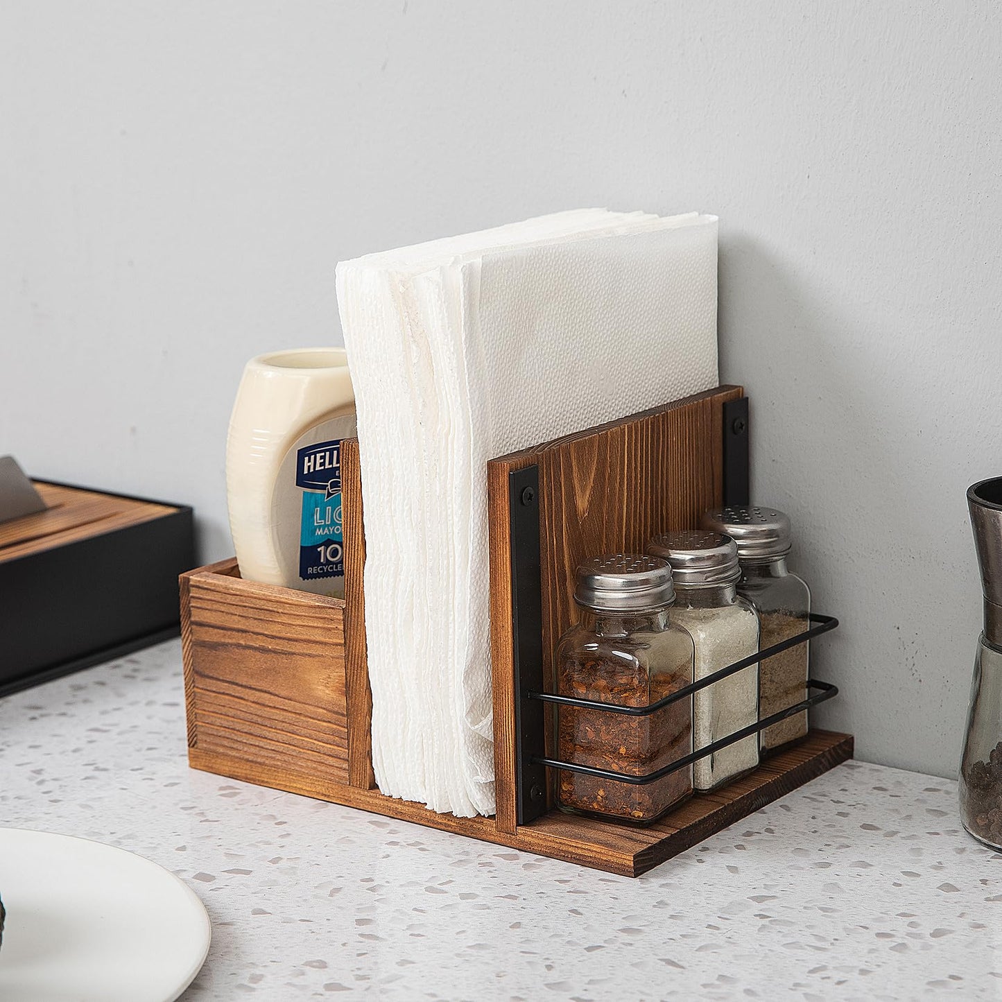 ExoLiry Rustic Burnt Wooden Kitchenware Organizer Napkin Utensil Spice Holders Table Seasoning Shakers Chalkboard Label Countertop Salt Pepper Caddy Wood Kitchen Dining Room Restaurant Café Home