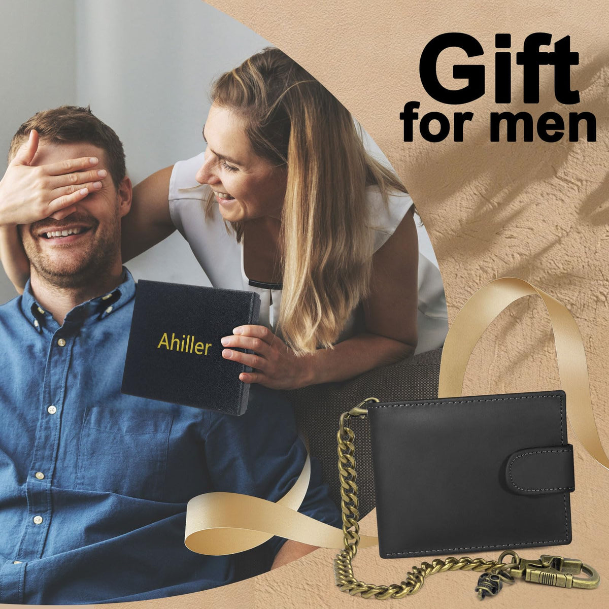 Ahiller Chain Wallet for Men Crazy Horse Bifold Leather Wallet with Chain, Anti-Theft Mens Wallets with Gift Box,Zippered Bill Compartment,ID Window, Card Slots-Black