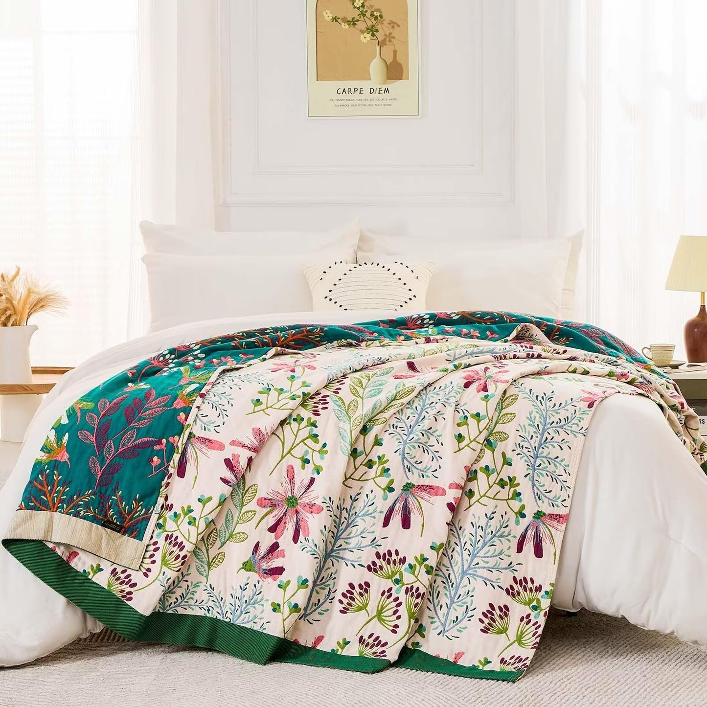 XIBLC Boho Throw Blanket for Bed, 100% Cotton Soft Rustic Quilt Fall Blanket, 60"x80" Floral Printed Farmhouse Decor Bed Blankets, All Season Rustic Reversible Bohemian Throw Quilt