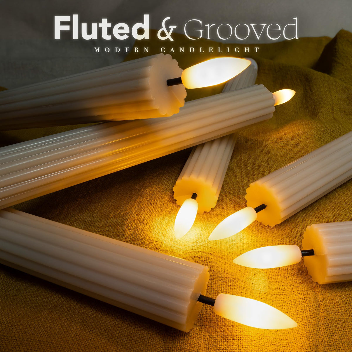 West Ivory 12 Pack, 10" LED Flameless Real Wax Cream Beige Fluted Ribbed Grooved Taper Candles, Remote & 24h Timer Memory, On/Off Button, Dimmable, Flicker Mode, Battery Operated, Wedding