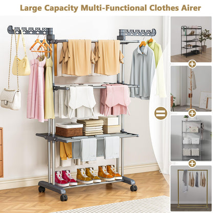PurKeep Thicken & Durable Clothes Airer, Extra Large 4-Tier Capacity Foldable Clothes Drying Rack with Wheels, Stainless Steel Clothes Horse for Indoor/Outdoor Use in Bedroom, Laundry Room