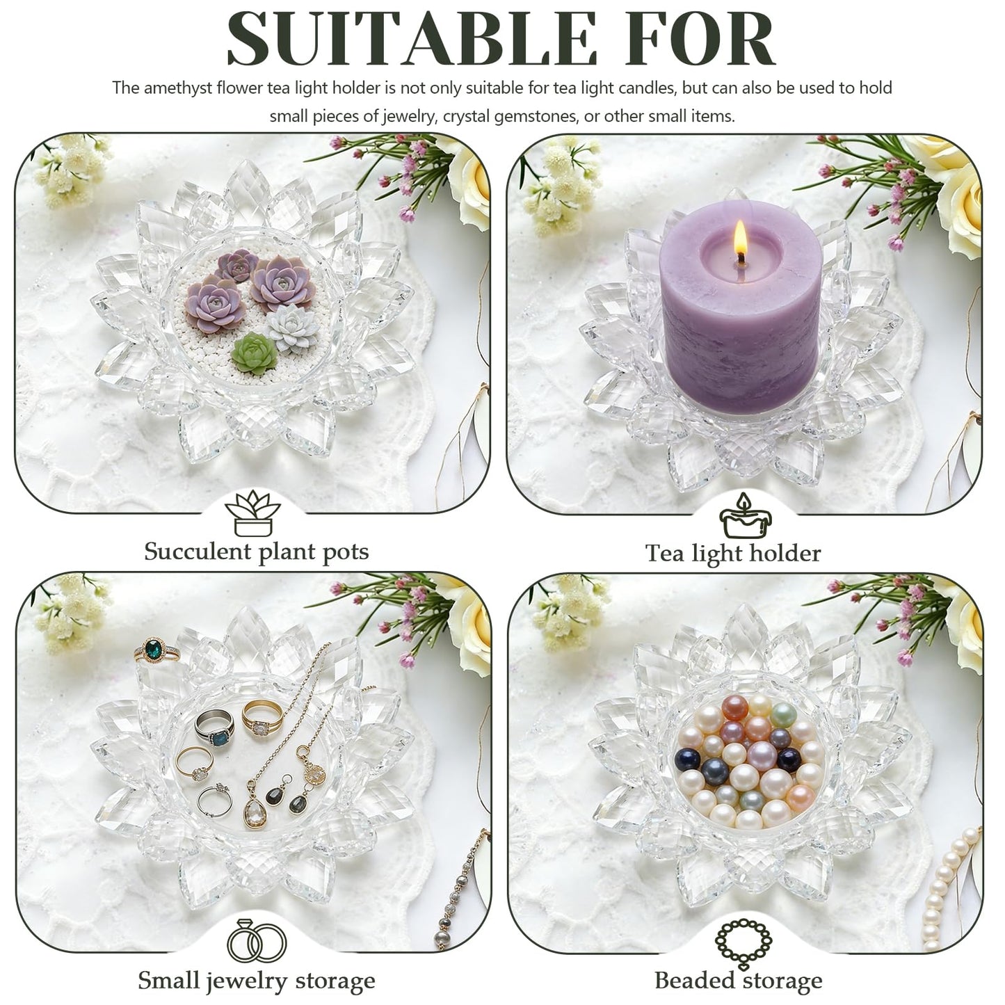 Kolnlala Large Crystal Lotus Tealight Candle Holder for Up to 6" Diameter Pillar Candlestick, Chunky Glass Votive Stand for Wedding, Party, Table Centerpiece Decor and Yoga Meditation (1, Clear)