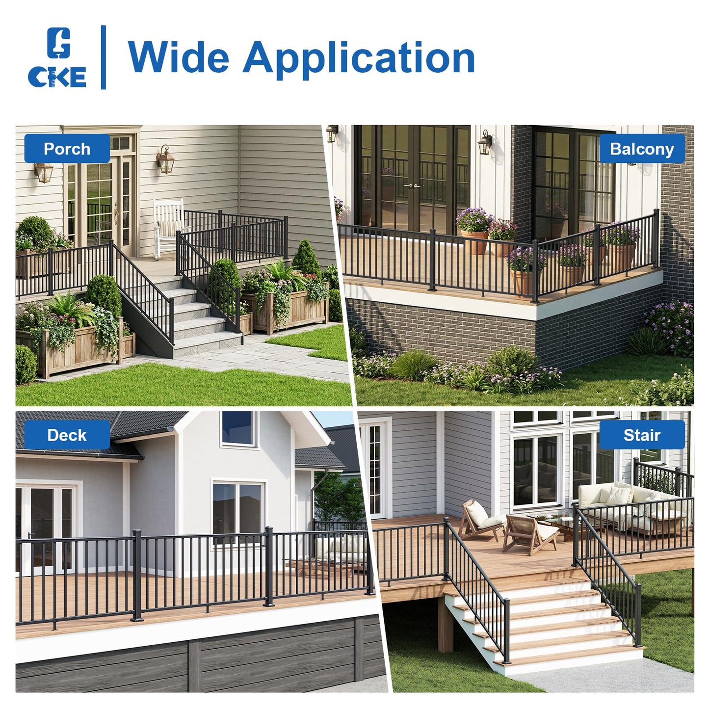 CKE 36 in. H x 6 ft. W Porch and Deck Railing Kit with Post, Aluminum Railing Kit, AAMA 2604 Black Textured Powder-Coat Finish Railing System for Outdoor Decks, Porches & Balconies(1 Post, 1 Panel)