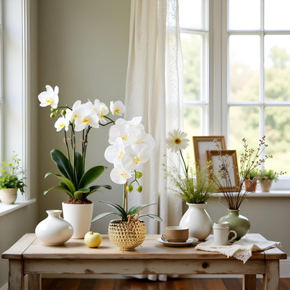 Hisow Orchids Artificial Flowers, 15" Faux Orchid in Gold Flower Pot Real Touch Flowers in Pot Large Flower Arrangements Artificial Centerpiece for Home Living Room Bathroom Kitchen Decoration (White)