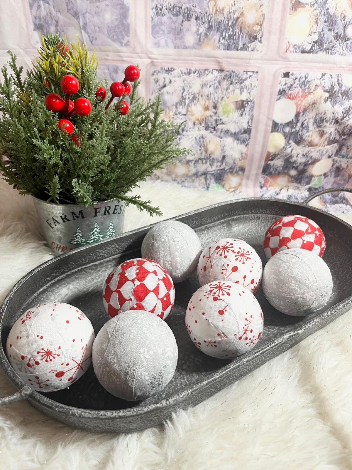 Snowflake, Grey, and Argyle Patterns set of 8 Fabric Wrapped Christmas Balls – 2.5” Styrofoam Winter Décor – Rustic Farmhouse Bowl Filler