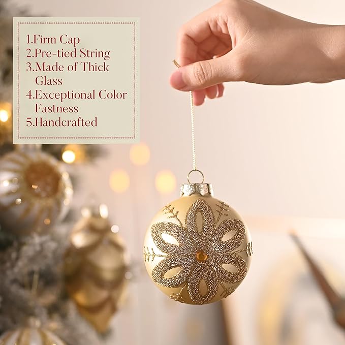 Valery Madelyn Glass Christmas Ornaments Set, 10ct White Gold Mercury Blown Glass Christmas Tree Ball Decorations, Luxury Xmas Hanging Teardrop Finial Faceted Reflector for Holiday Decor
