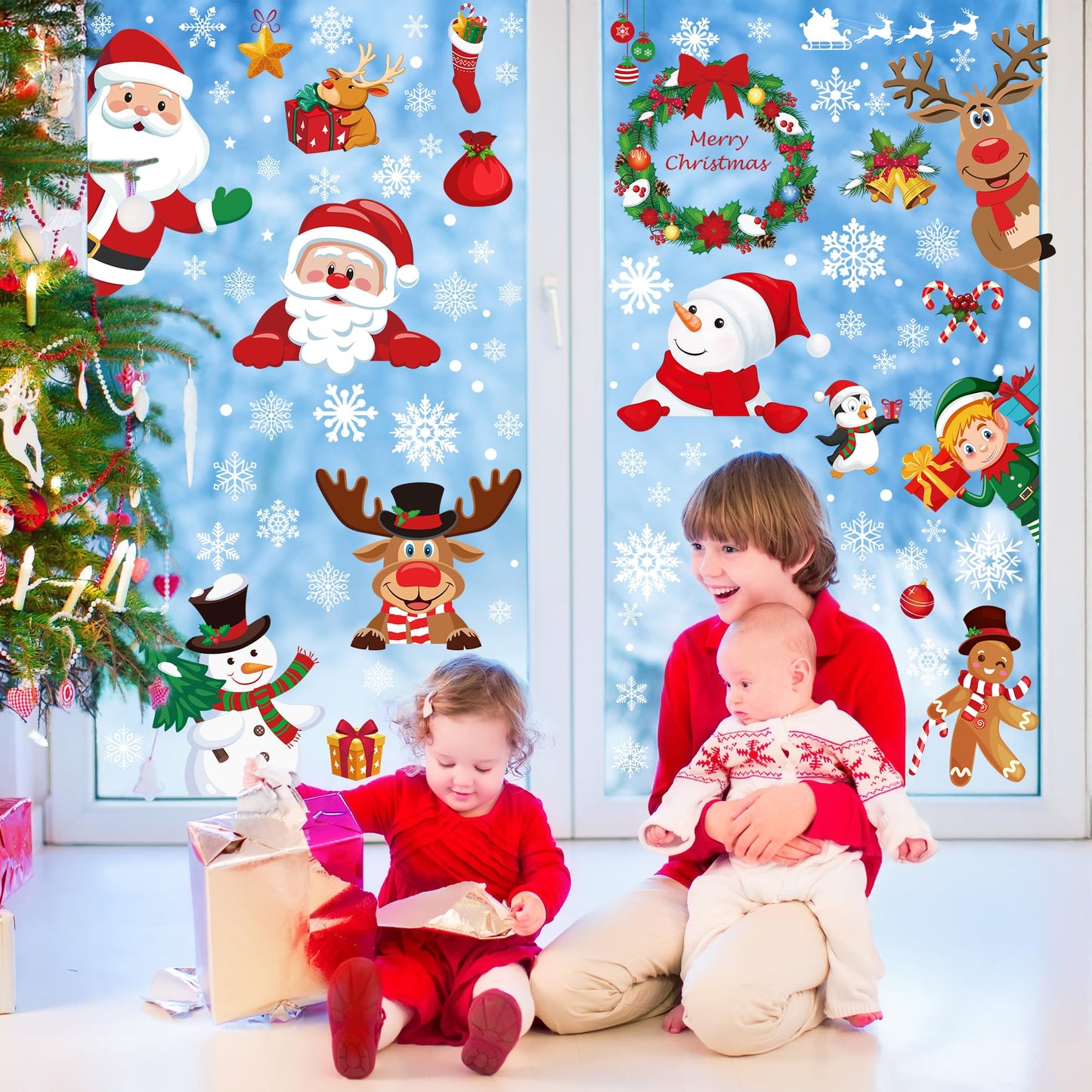 186PCS Christmas Decor, Christmas Window Clings, 9 Sheets Snowflake Window Stickers Decals with Santa Claus Snowman Reindeer, PVC Xmas Decorations Clings for Holiday Party Decorations Accessories