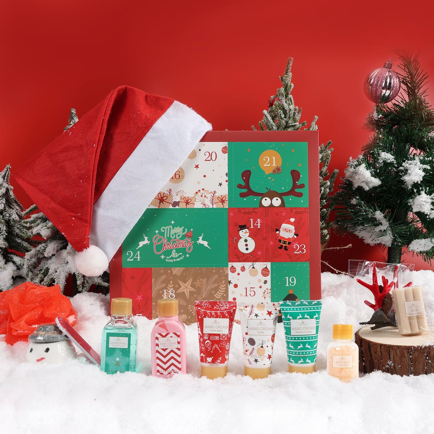 Christmas Advent Calendar 2025, 12 Days of Holiday Advent Calendar for Women, BODY & EARTH Spa Gift Baskets with Snowman Bath Bomb, Scented Candle, Christmas Hat, New Year Bath Set for Women