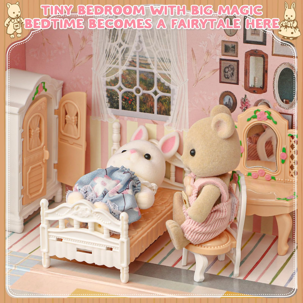 TUZT Suitcase Dollhouse Furniture Set for Kids, Mini Dollhouse Box with 2 Flexible Dolls and Bedroom&Bathroom Furnitures, Pretend Play Accessories Christmas Birthday Gift for Toddlers Ages 3+