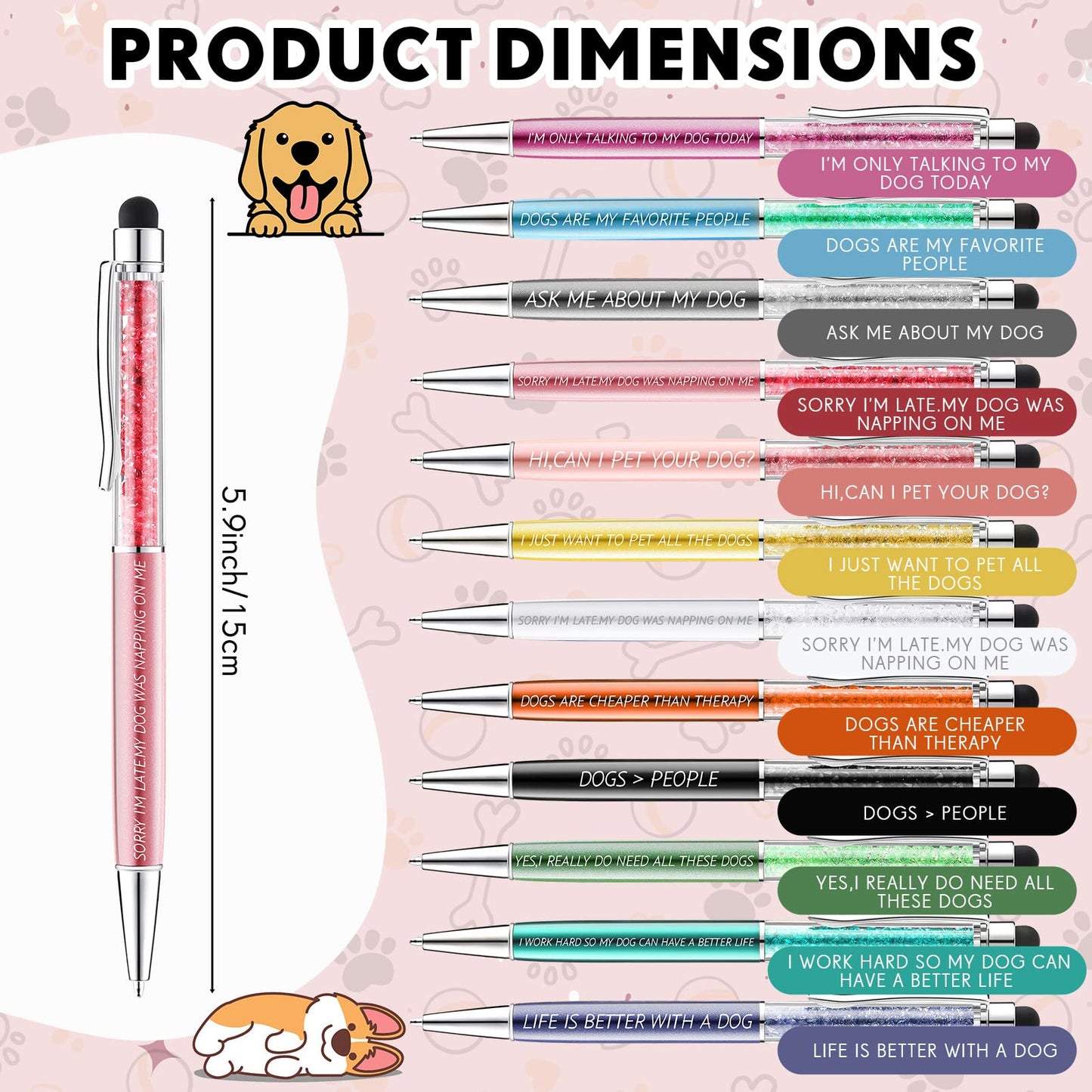 Sabary 12 Pieces Pet Lovers Pens Set Cat Dog Lovers Pen Set Colorful Ballpoint with Funny Phrase Cute Kawaii Gift for Pet Foster Kitty Mom Paw Fan Kitten Vet Office Supplies(Dog Style)