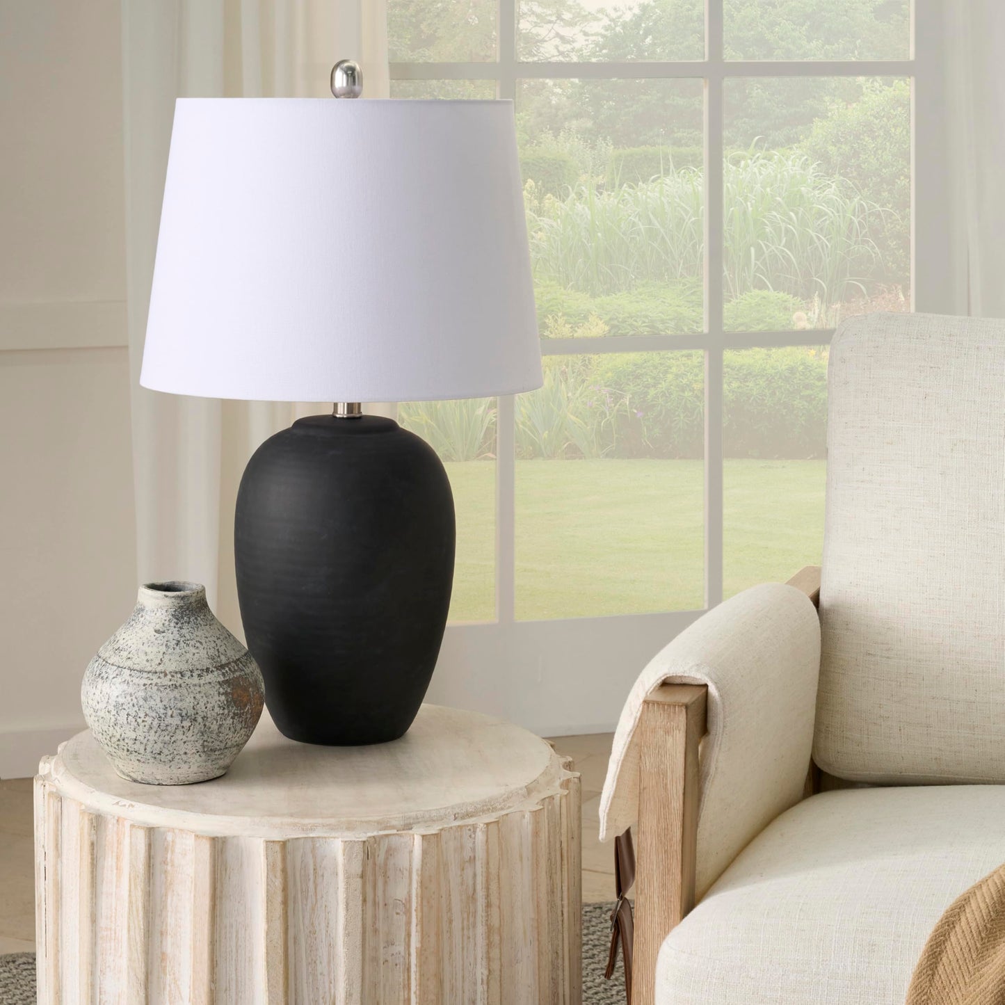 Nourison Home 23" Black Vintage Distressed Ceramic Pot Table Lamp for Bedroom, Living Room, End Table, with White Tapered Drum Shade