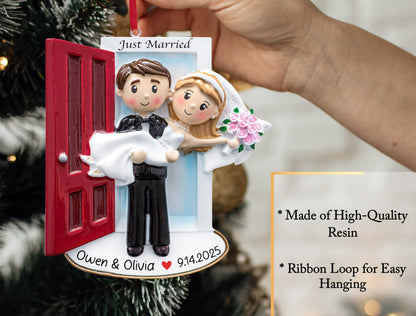 UniqXmas Personalized Our First Christmas Married Ornament 2025 | Customized Wedding Couple Threshold, Groom Carrying Bride for Xmas Tree | Just Married Newlyweds Marriage Keepsake | Custom Name Year