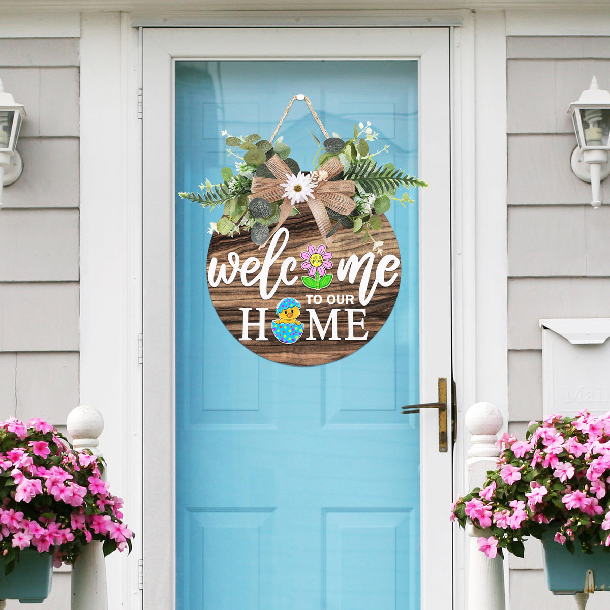 Interchangeable Welcome Sign for Front Door with 4 Seasonal Wreaths 21 Changeable Icons, Farmhouse Rustic Outdoor Welcome Signs Porch, Spring Winter Fall Decorations for Home House Warming Gifts