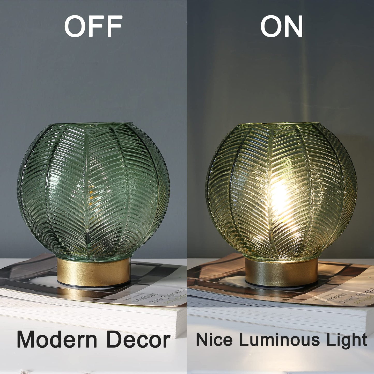 LUSHARBOR Battery Operated Lamp with Timer, Decorative Green Glass Table Lamp Cordless, Small Ambient Lamp for Bedside Bedroom Living Room Decor -Green