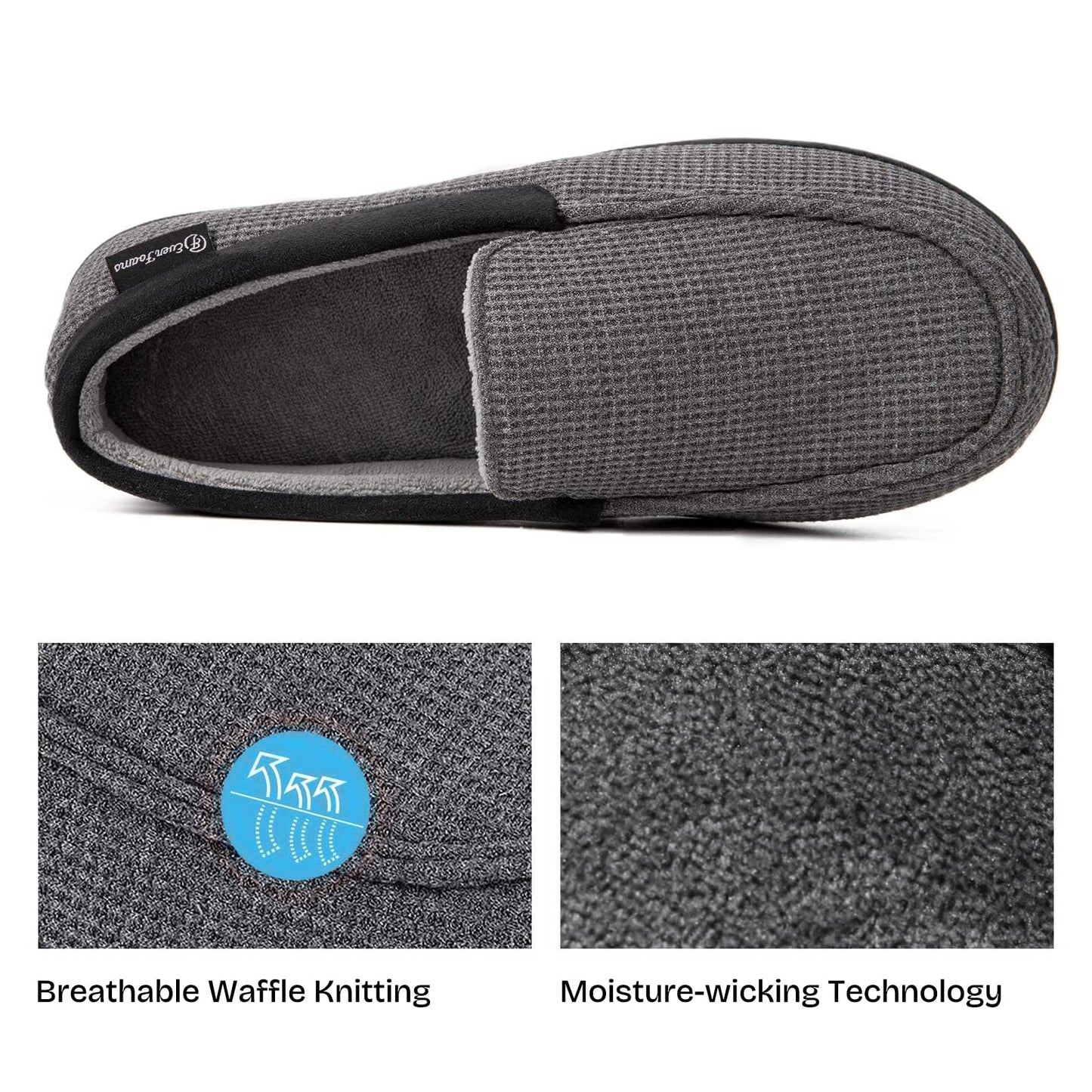 EverFoams Men's Comfort Memory Foam Moccasin Slippers Breathable Terry Cloth House Shoes with Anti-Skid Rubber Sole Grey 10 UK