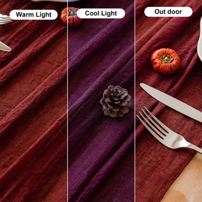Keketoarrange Burgundy Christmas Table Runner Decor Red Cheesecloth Gauze 120 Inch 10 FT Rustic Boho Cheese Cloth Runner for Wedding Baby Bridal Shower Party Long Sheer Home Christmas Decorations