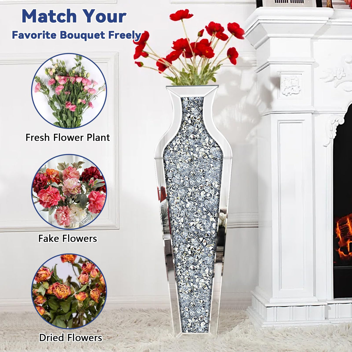 GA Home 27" Tall Crushed Diamond Floor Vase, Silver Large Vases for Decor Living Room, Crystal Mirrored Home Decor Vases for Dried Flower