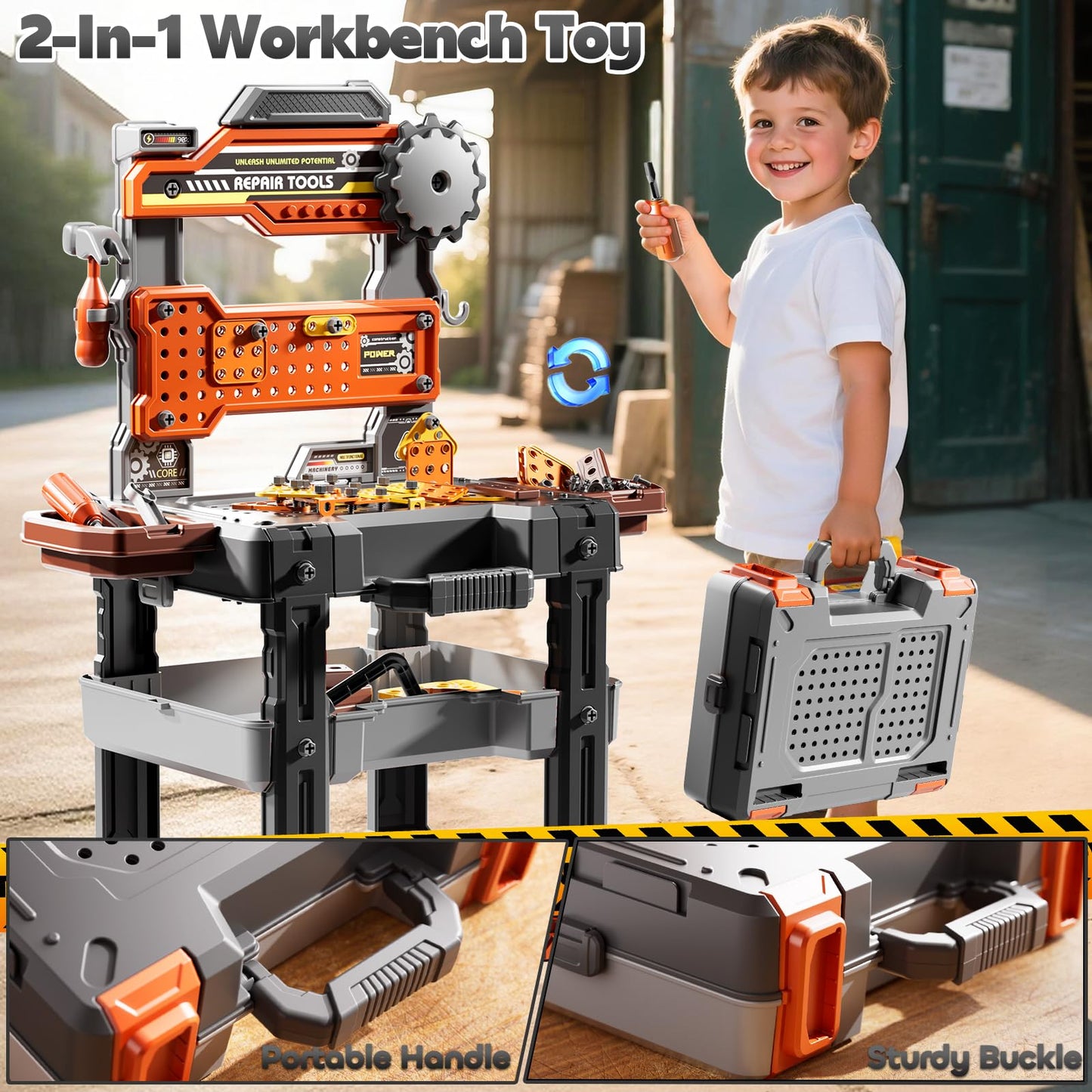 DULONIME 2 in 1 Workbench Tools Toys Set with Sound for Toddlers Aged 3-5, 145 PCS Educational Construction Mechanic Toolbox for Boys Girls, Pretend Play Toys Birthday Gift for Kids 3 4 5 6 Years Old