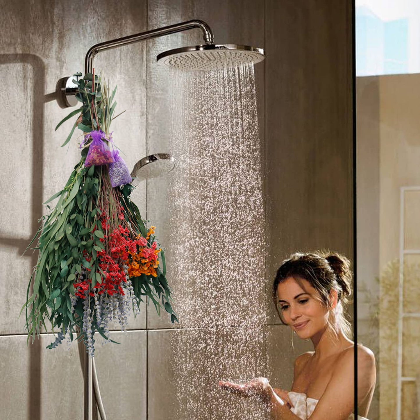 128 Pcs Mixed Real Dried Eucalyptus Stems, 100% Natural Preserved Eucalyptus Leaves with Lavender & Rose Flower Sachet Bundles, Greenery for Hanging Shower, Plant Fragrance, Wedding Decor