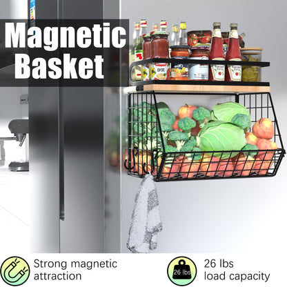 Uninol home Magnetic Shelf for Fridge with Wood Lid, Large Container Magnetic Spice Rack for Refrigerator,Fruit Potato and Onion Storage Bins, Pantry Organizers & Storage, Kitchen Counter, Cabinet