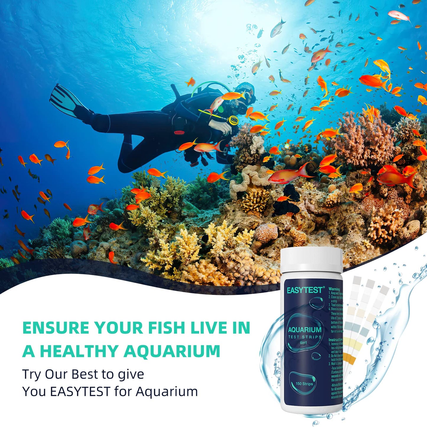 EASYTEST 6 in 1 Aquarium Test Strips, 150 Strip Pack Aquarium Water Test Kit for Freshwater, Fish Tank, Fish Pond, Accurate Testing Total Hardness, Carbonate Nitrate, Nitrite, Cl2, pH