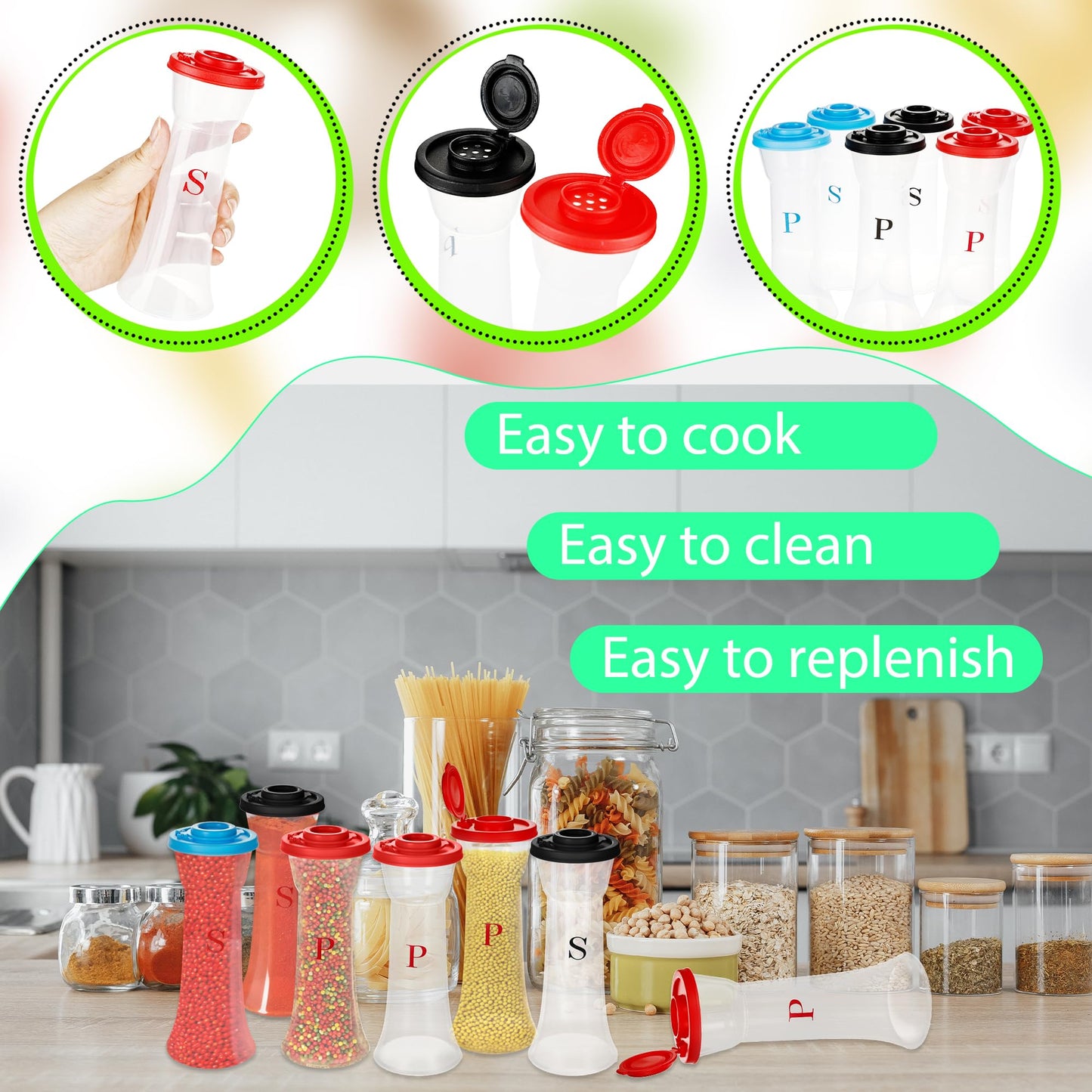6 Pcs Plastic Salt and Pepper Shakers Hourglass Moisture Proof Salt Shaker with Lids for Kitchen Picnic Seasoning Salt Sugar Chili Powder, 3 Colors
