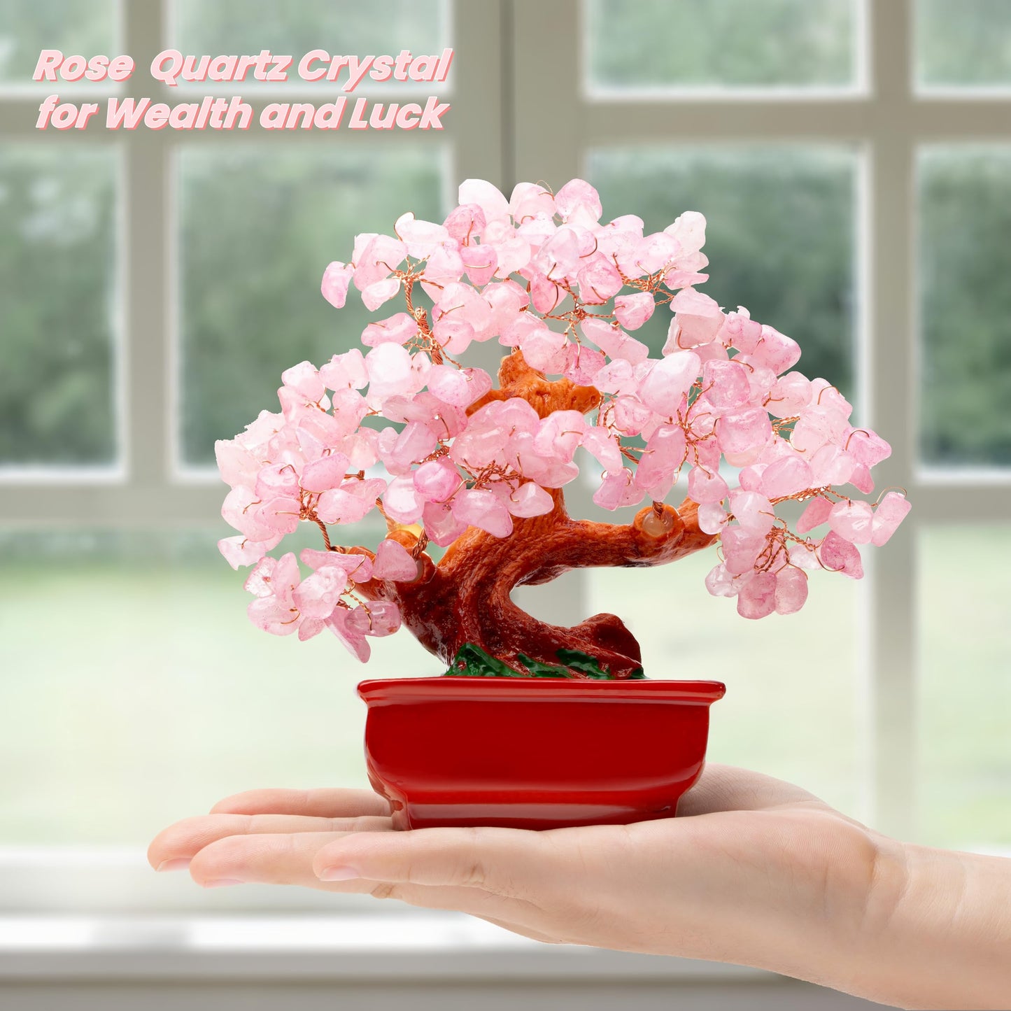 QINJIEJIE Crystal Tree Rose Quartz Crystals Feng Shui Decor Money Tree Bonsai Style Decoration Pink Office Decor Meditation Spiritual Gift for Women