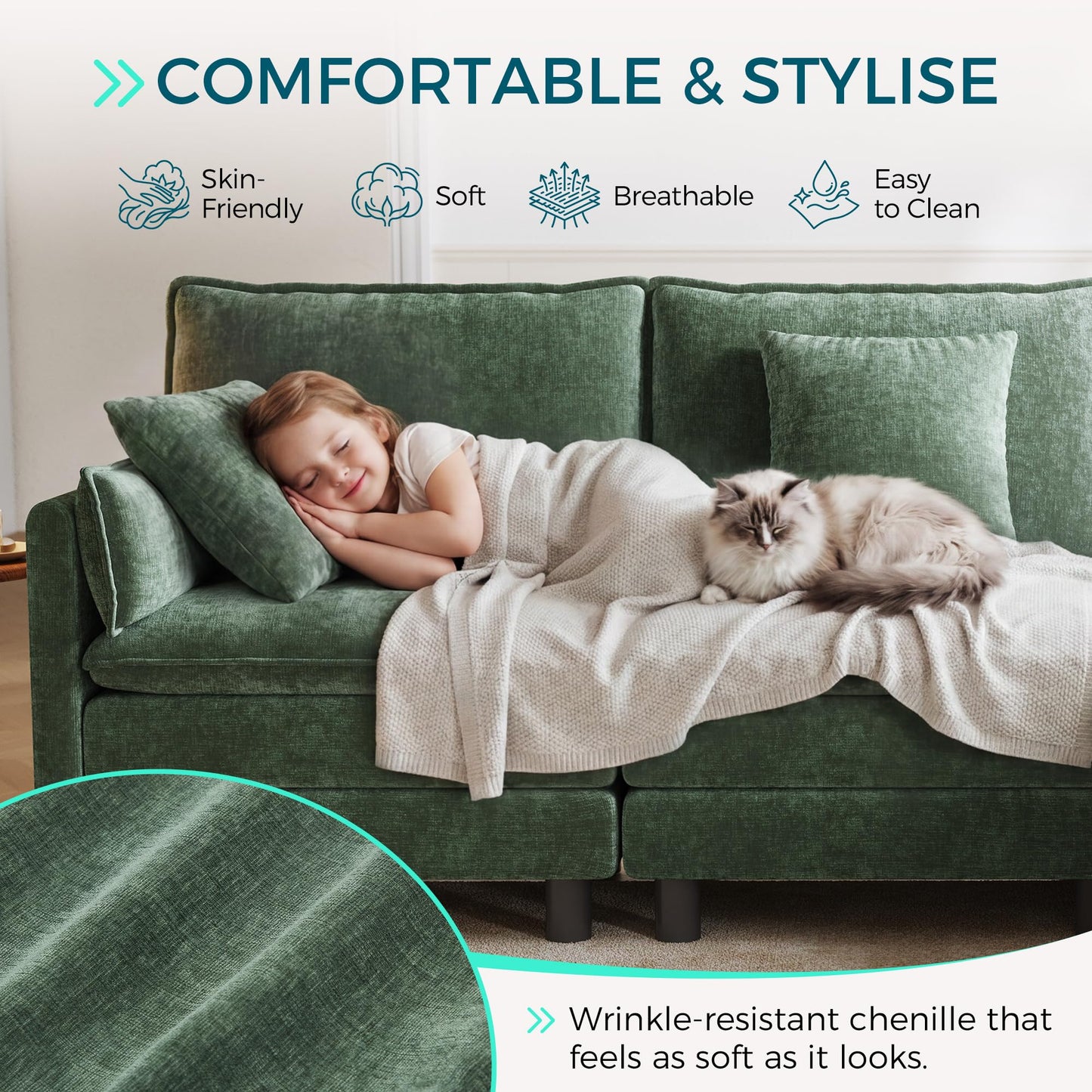 LINSY HOME 129'' Modular Sectional Sofa 4 Seat Couch Chenille Cloud Couch with Deep Seat, U Shaped Couch with 2 Movable Ottoman for Living Room, Office, Bedroom, Green(Pillows Included)