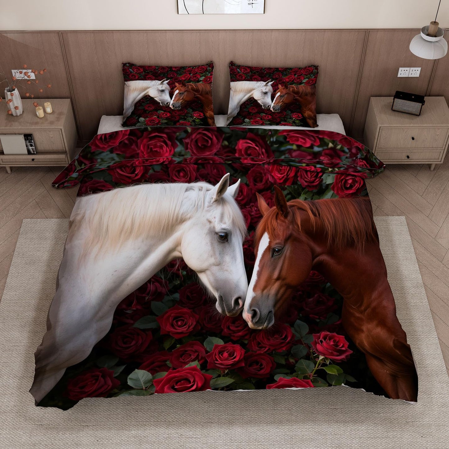 3D Horse Duvet Cover King Size 104x90in Soft Breathable Microfiber Rose Bedding Set Zipper Closure Reversible Comforter Cover 3 Pieces with 2 Pillow Shams (WJT 23-5)