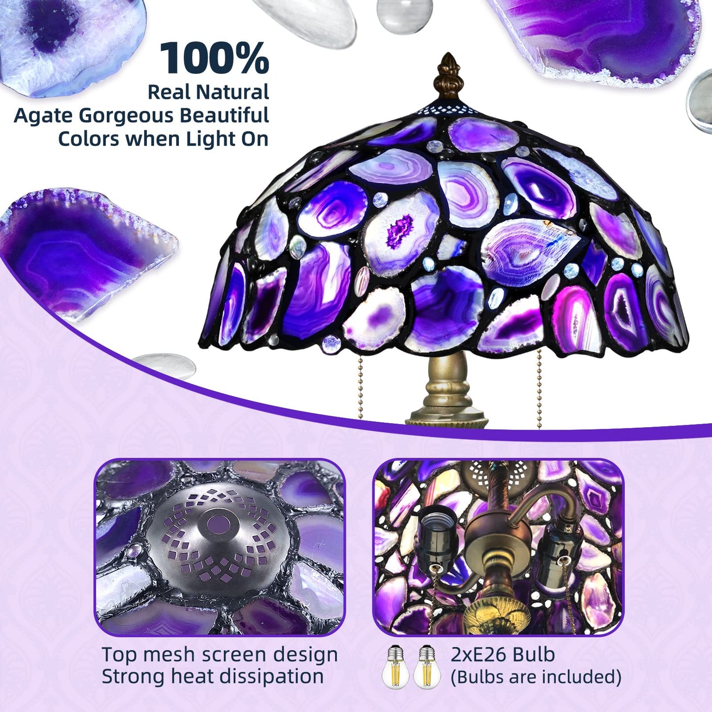 Nizrsky Tiffany Style Table Lamp, Agate Slice Stained Glass Lamp 12X12X19 Inches Tiffany Lamp Bedside Nightstand Desk Reading Light Decor Bedroom Living Room Home Office(LED Bulb Included) (Purple)