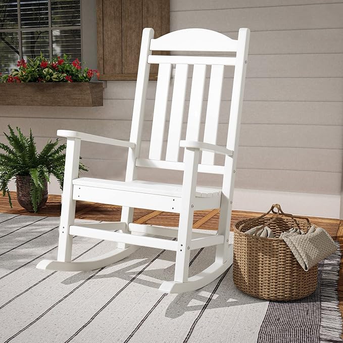 Devoko HDPE Rocking Chair Plastic Outdoor Indoor Patio Rocker Chair High Back All Weather Rocker for Patio Backyard Porch Garden (White)