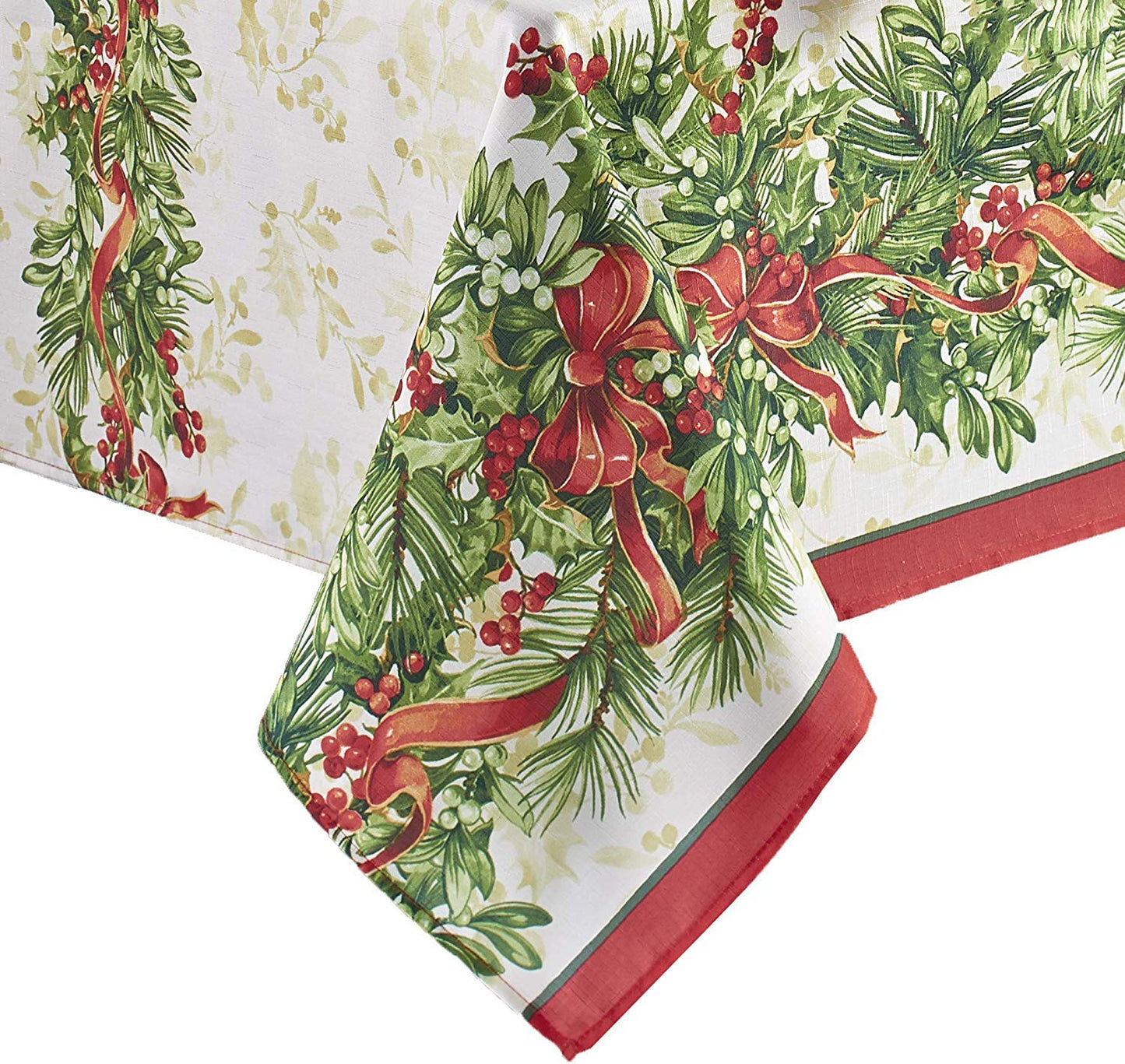 Newbridge Christmas Holly Ribbon Traditions Bordered 60 x 120 Inch Rectangle Fabric Tablecloth, Boughs of Holly and Berry Ribbon Garland Dining Table Cover for Holiday Party