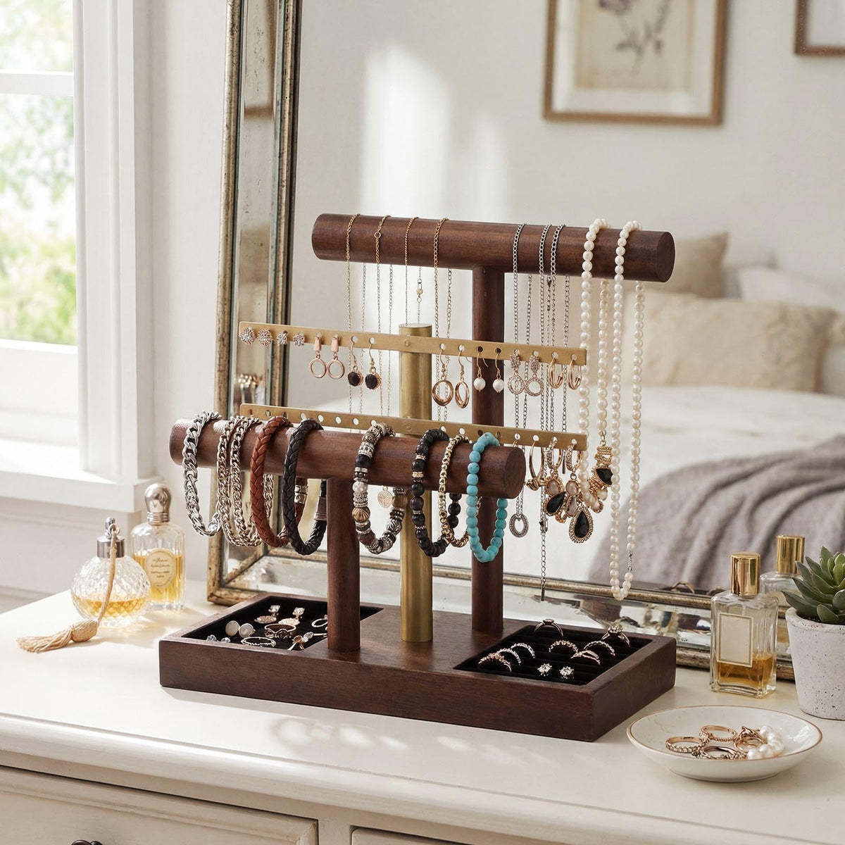 RattanView 3 Tier Bracelet Holder Display with Earring Holder Organizer T-bar Bangle Storage Rack Wooden Jewelry Organizer Stand Gifts for Bracelet Necklaces Earrings Rings Watches Storage Displays