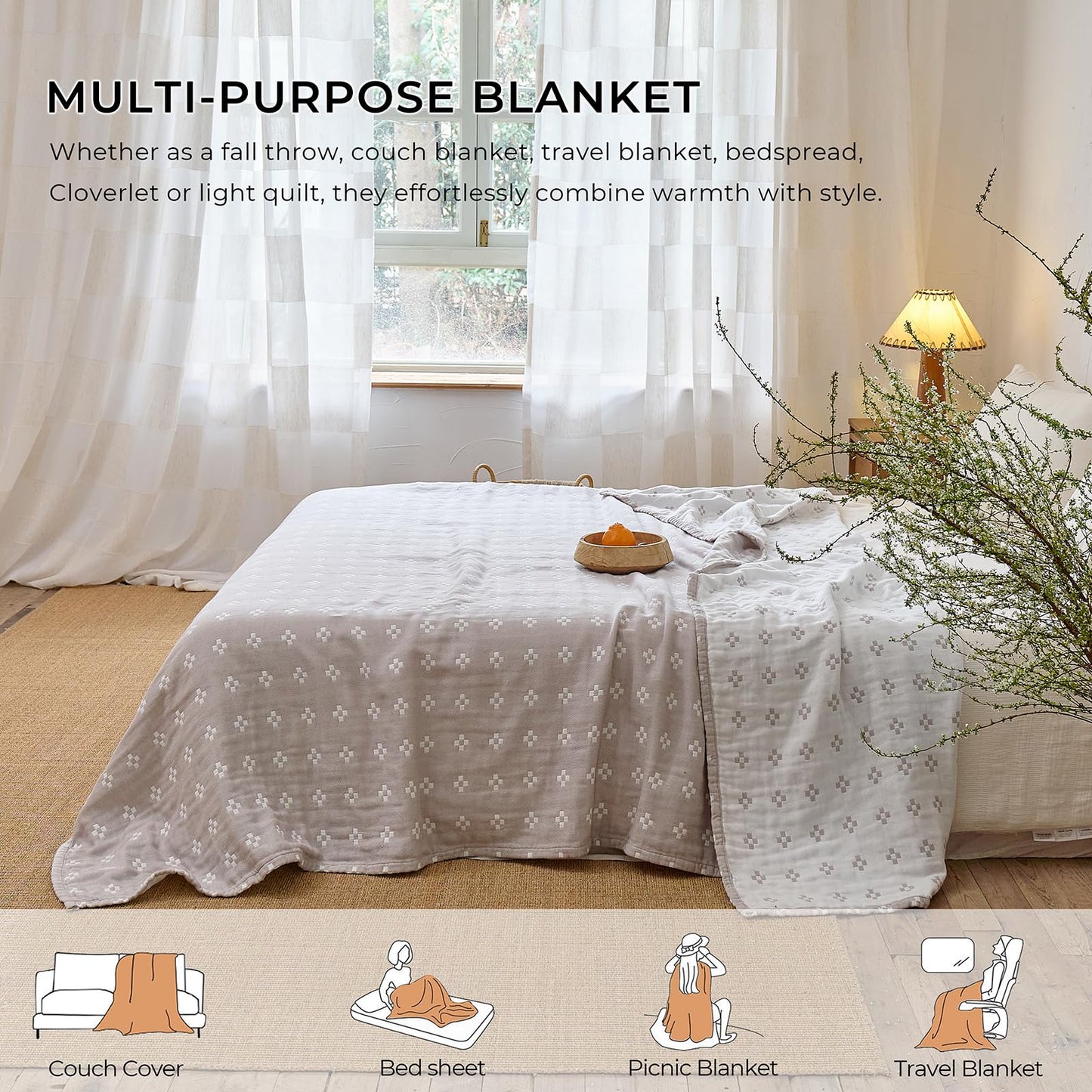 STASOPTK 100% Cotton Muslin Blanket, Soft Reversible 4-Layer Gauze Cotton Quilt,Checkered Blanket for Couch Twin Size Bedspread Room Decor Pinic Blanket, 60"×80", Grey/Off White
