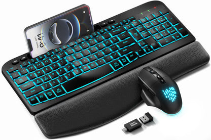 SABLUTE MA22 Pro Wireless Keyboard and Mouse Combo - Ergonomic Wave Keyboard with Soft Leather Wrist Rest, Phone Holder, Rechargeable, RGB Backlit Mouse, Full-Size Set for Windows/Mac/Computer