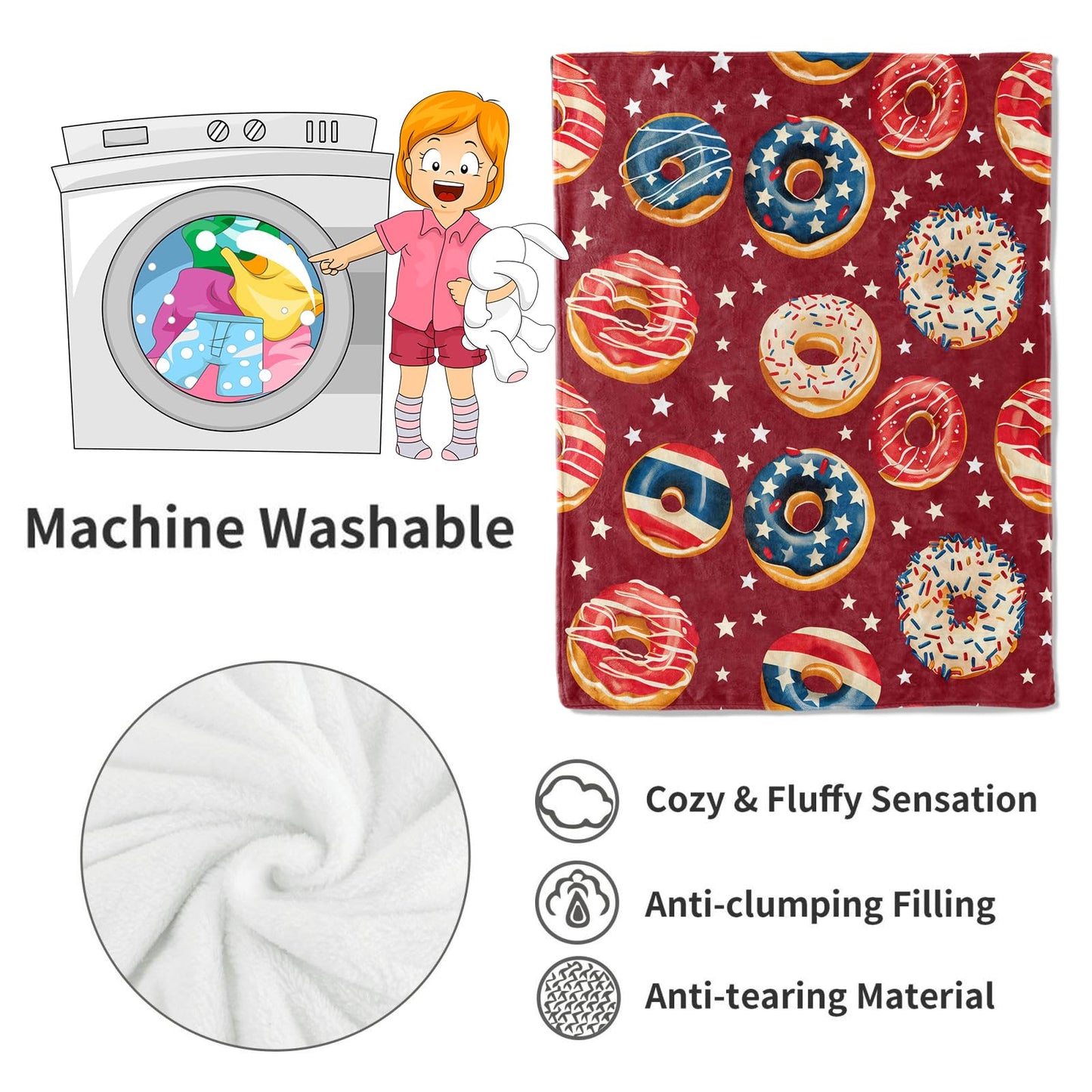 VODRM Patriotic Donut Blanket Red, White, and Blue Donuts Throw Blankets,Birthday Gifts for Kids Adult & Food Lovers,Lightweight Soft Fleece Cozy for Sofa Couch Bed Room Festive Decor 50x60in